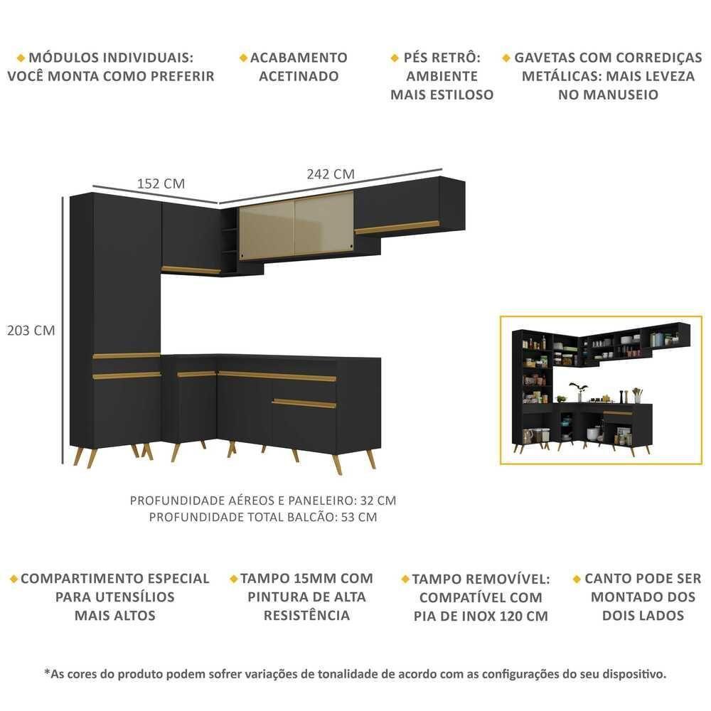 Cozinha Completa De Canto Veneza Gb Mp2052 Com Armário E Balcão Preta - 1