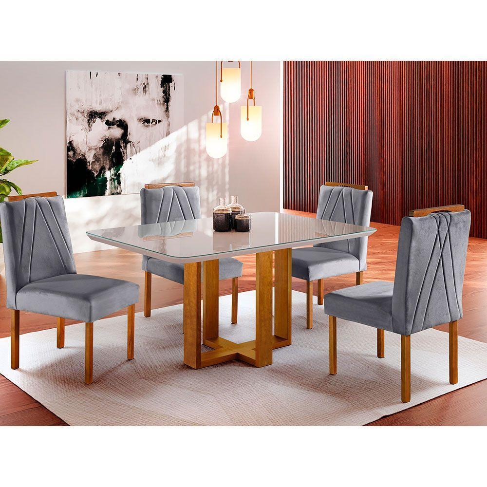 Conjunto Sala de Jantar 4 Lugares Mel/OffWhite/Cinza Profundo - 1