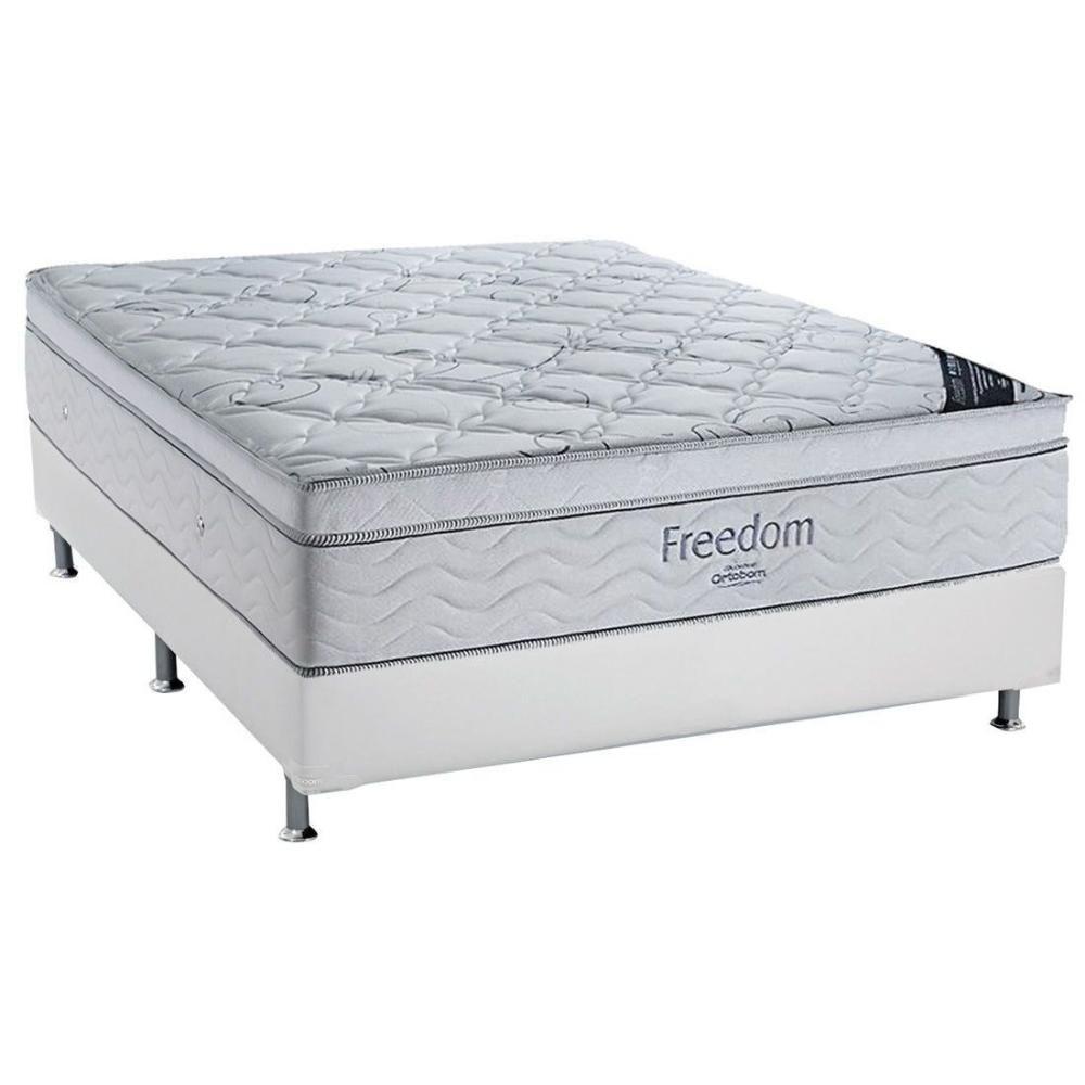 Cama Box Casal: Colchão Molas Ortobom SuperPocket Freedom Visco + Base CRC Courano Branco(138x188) - 1