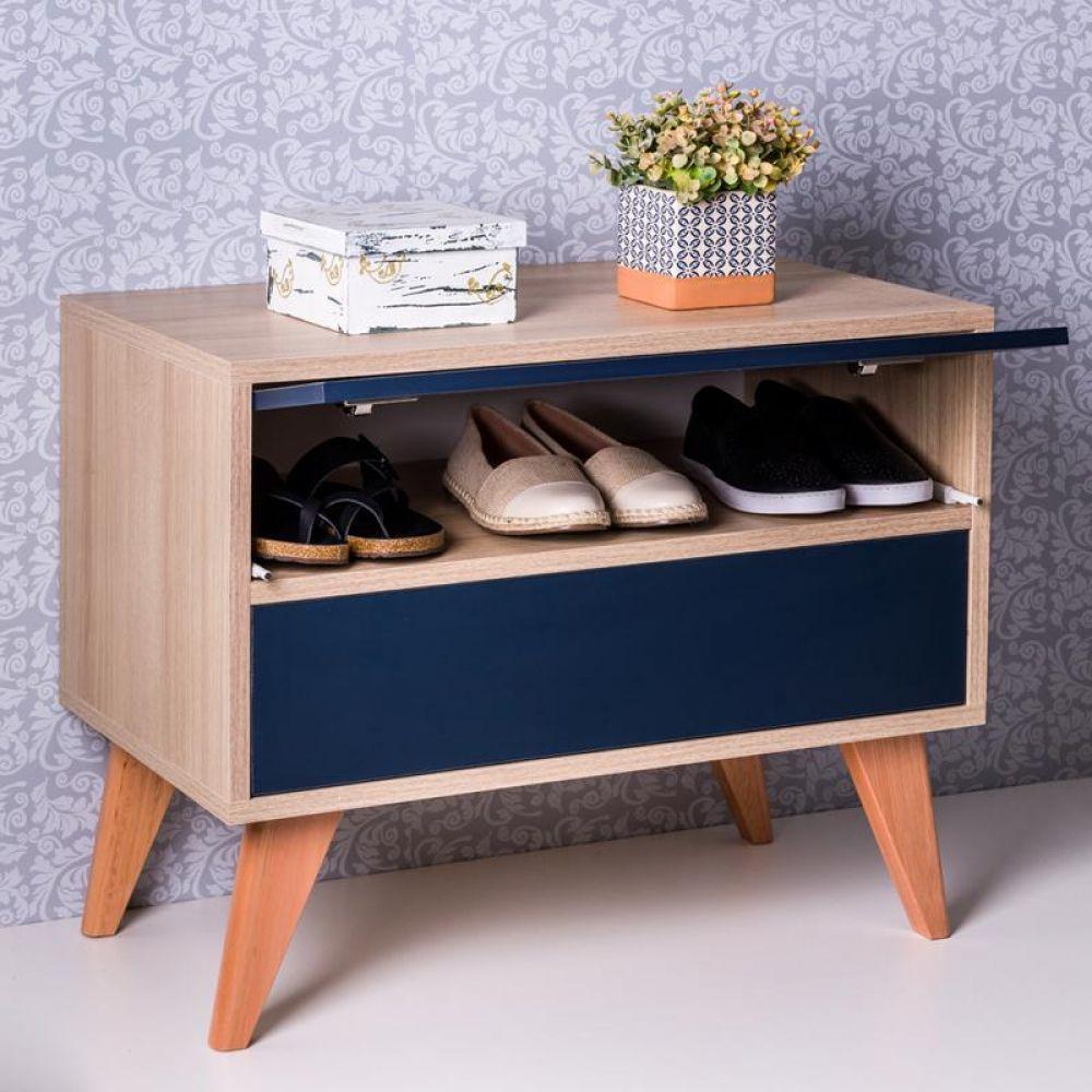 Sapateira Retrô Com Portas Vicenza Carvalho e Azul Marinho - 3