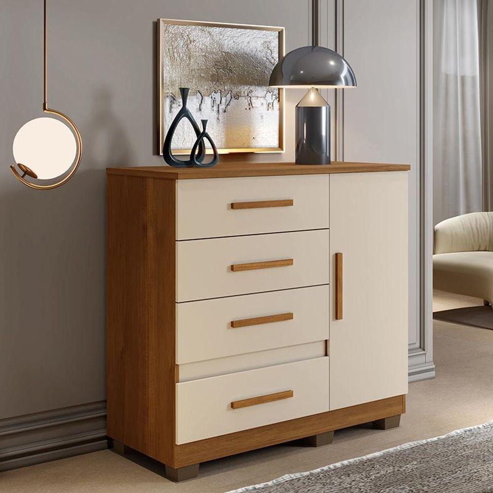 Comoda New Florença Quarto Com 4 Gavetas E 1 Porta Cinamomo/off White Cinamomo/off White - 3