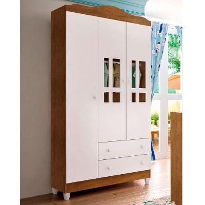 Guarda Roupa Infantil Ariel Carolina 3 Portas 2 Gavetas Branco Amadeirado