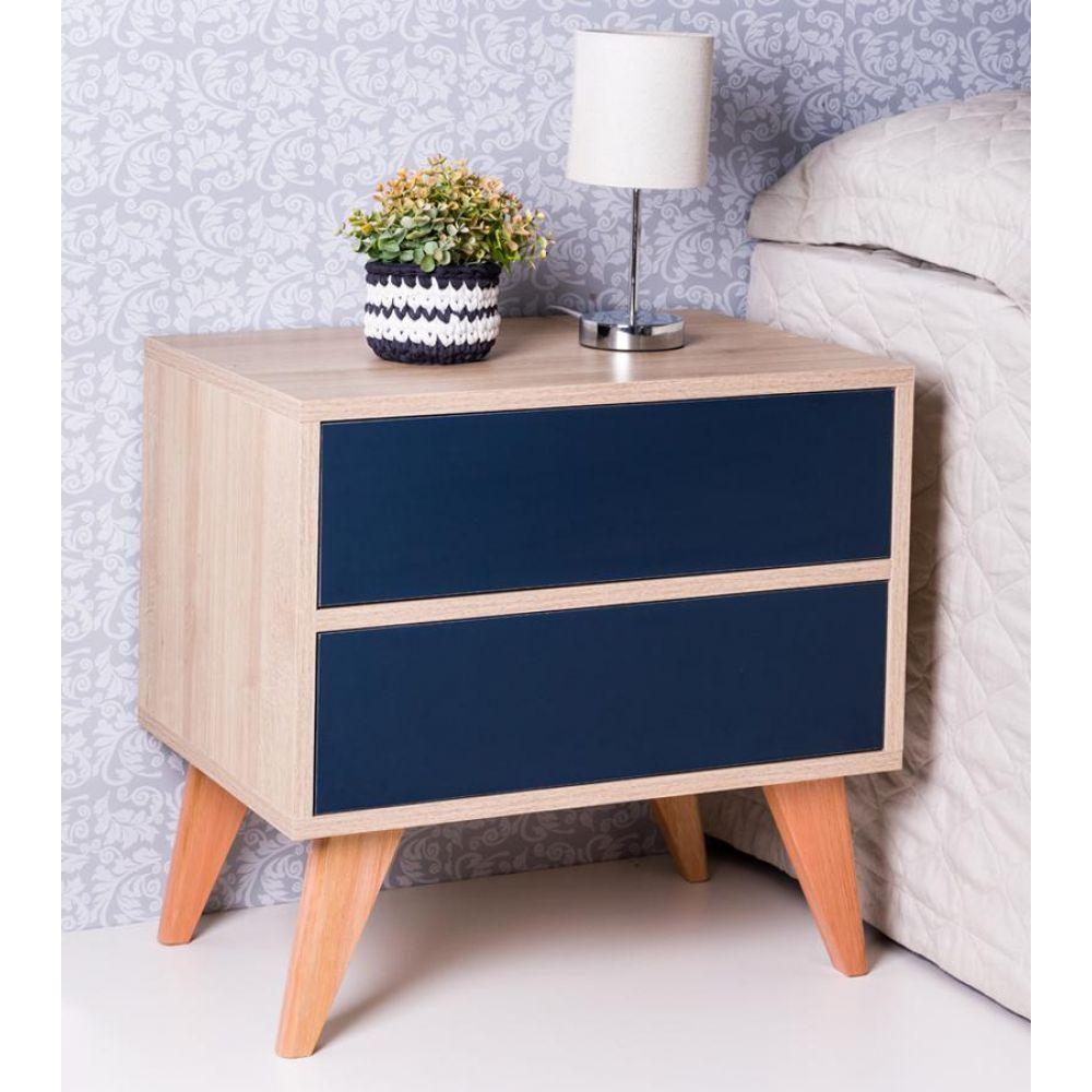 Mesa de Cabeceira com Portas Bréscia Carvalho e Azul Marinho - 3
