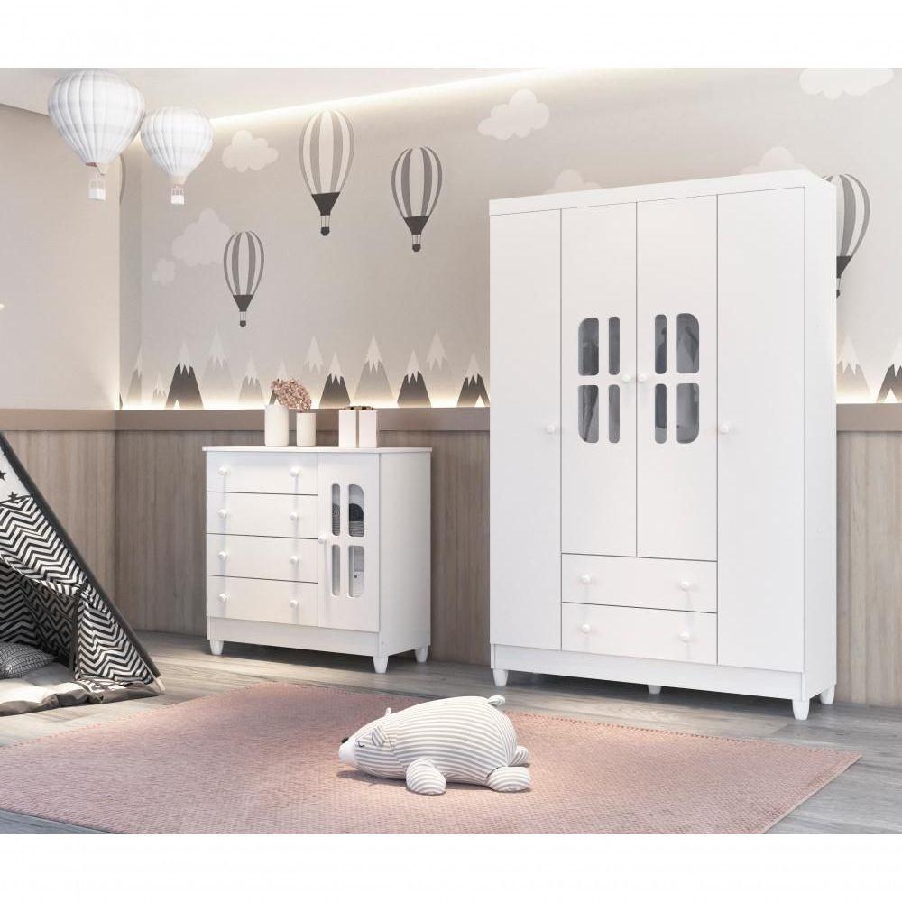 Quarto De Bebê Guarda Roupa Com Gavetas Cômoda Branco - 1