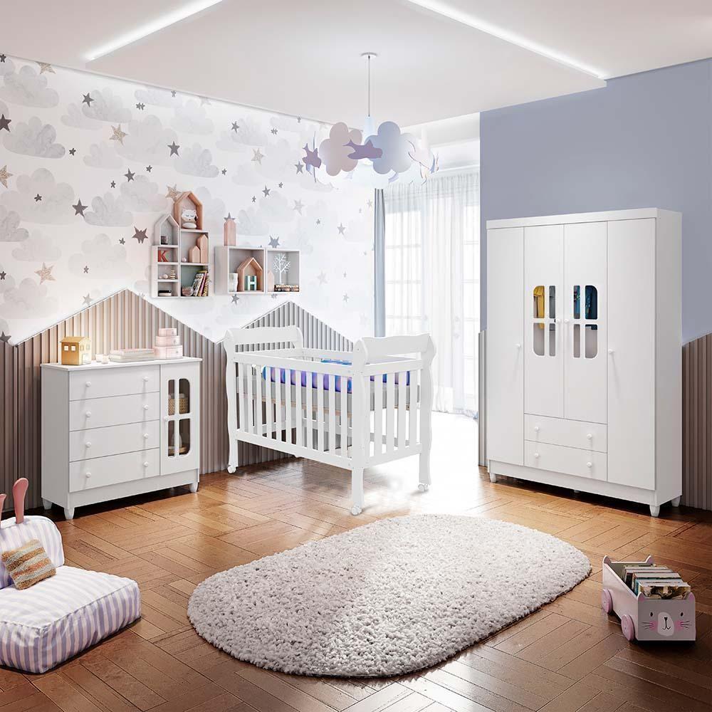 Quarto De Bebê Completo Berço 3 Em 1 Roupeiro Cômoda Branco - 1