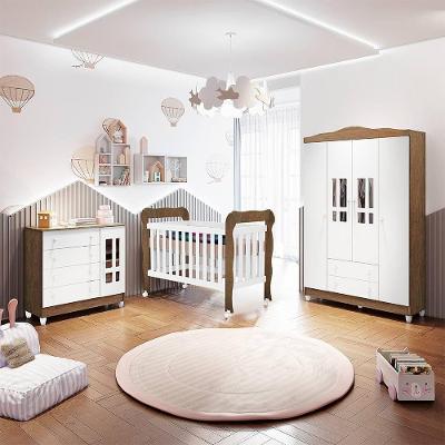 Quarto De Bebê Berço 3 Em 1 Lila Guarda Roupa Cômoda Branco