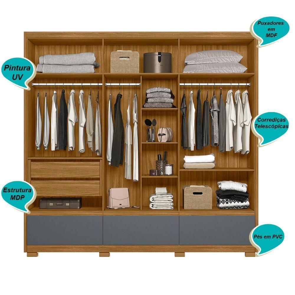 Guarda Roupa Casal 6 Portas Com Espelho 3 Gavetas Amazonas - Freijó / Cinza Freijó / Cinza - 6