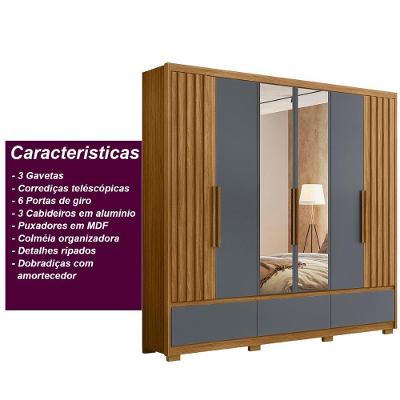 Guarda Roupa Casal Amazonas 6 Portas de Giro 3 Gavetas Freijó - Cinza MDP