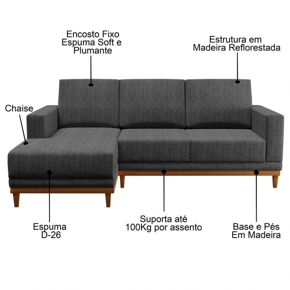 Sofá Kayrós 200cm 3 Lugares Com Chaise Direito D05 Linho Chumbo - Mpozenato - 4