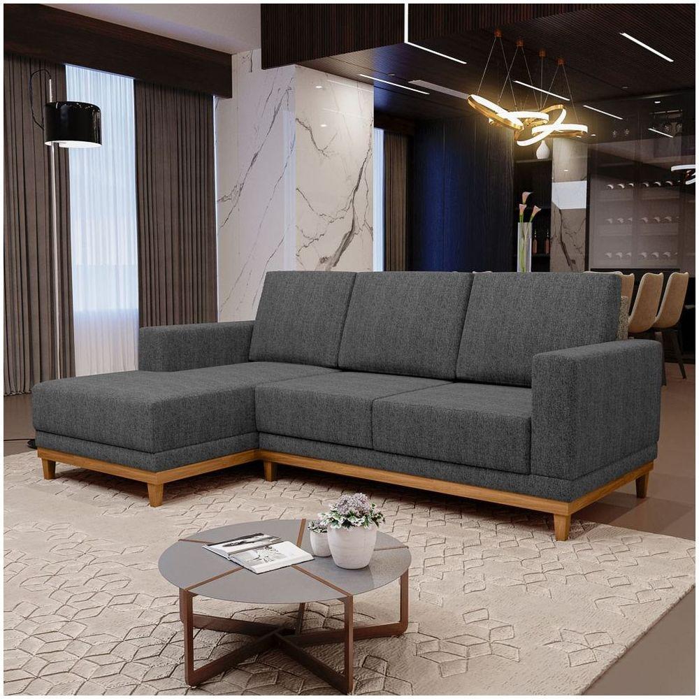 Sofá Kayrós 200cm 3 Lugares Com Chaise Direito D05 Linho Chumbo - Mpozenato - 6