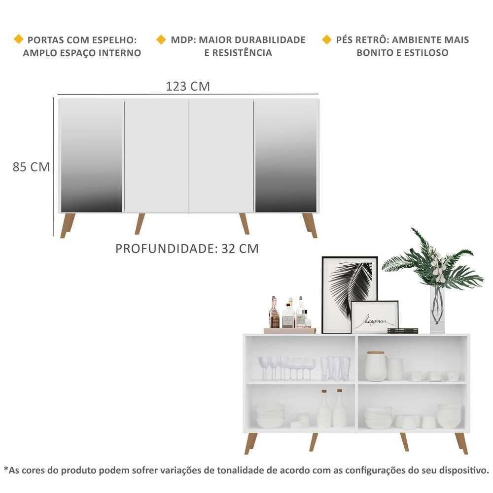 Aparador 4 Portas Com Espelho Retrô Vegas V3562 Branco/Natural - 6