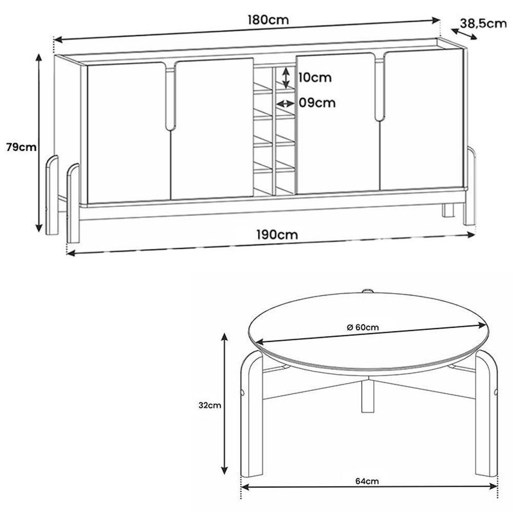 Aparador 190 Com Mesa De Centro Lizz Pés De Madeira Maciça Off White/Cedro Off White/Cedro - 2