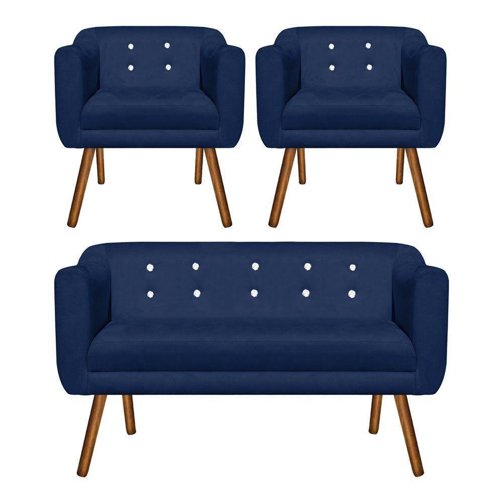 Kit Sofá 02 Lugares e 02 Poltronas Julia Azul Com Strass - 1