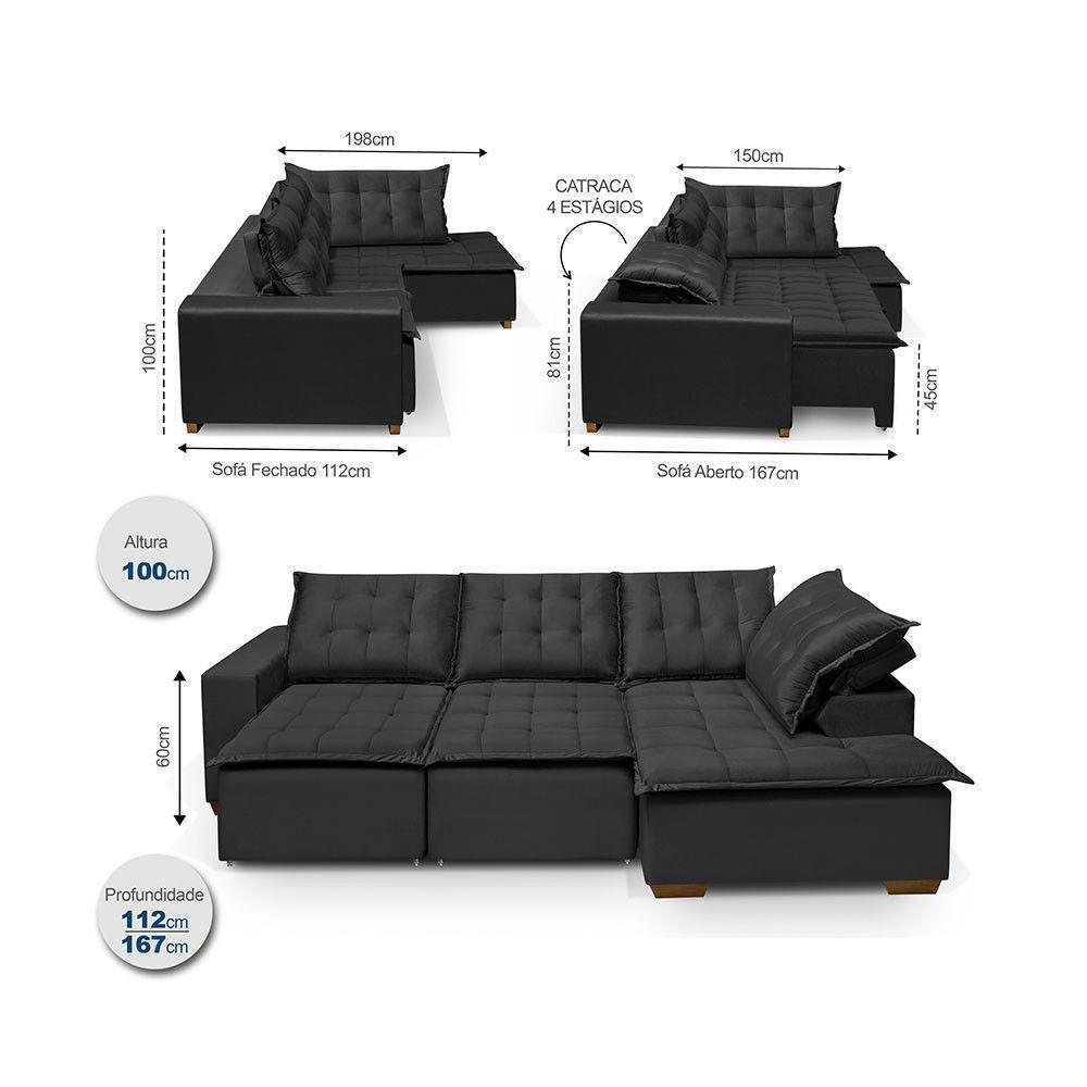 Sofá De Canto 5 Lugares 270cm Retrátil E Reclinável Preto - 4