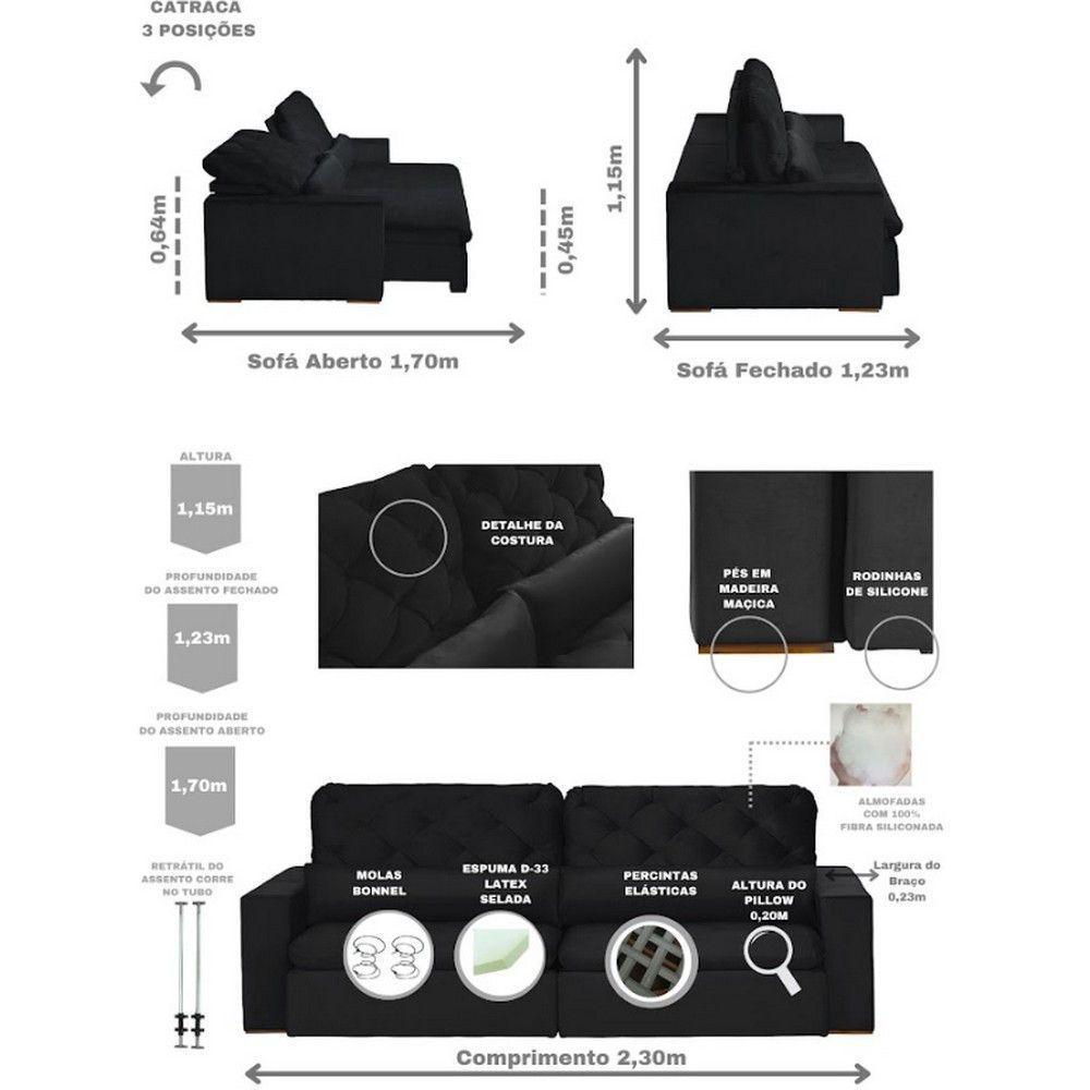 Sofá Modular 4 Lugares 2.30M Retrátil E Reclinável Preto - 9