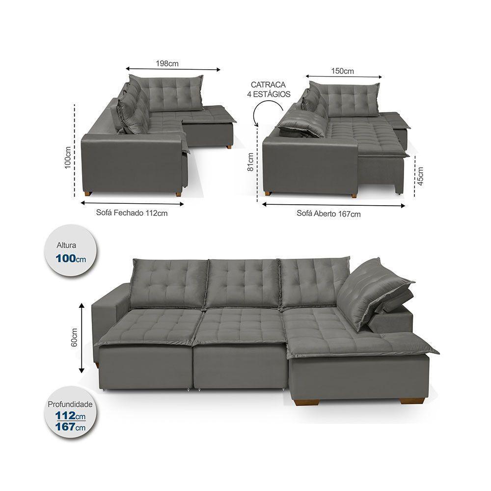 Sofá De Canto 5 Lugares 270cm Retrátil E Reclinável Cinza - 4