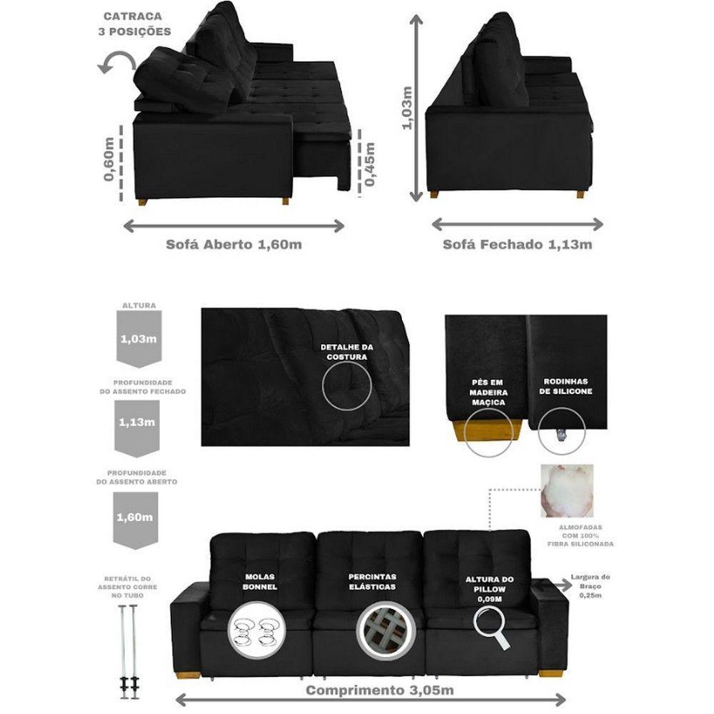 Sofá Modular 6 Lugares 3.05M Retrátil E Reclinável Preto - 8