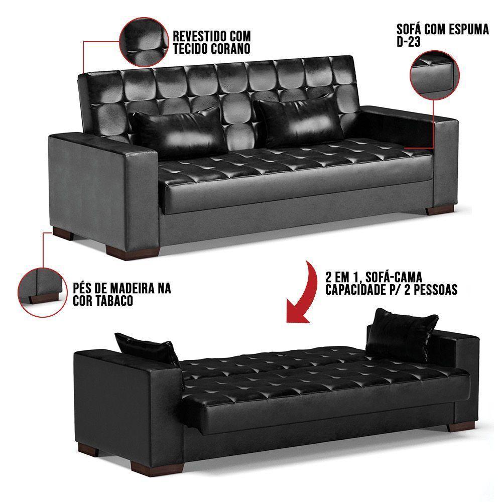 Sofá Cama 02 Lugares Corano Preto Pés De Madeira - 4