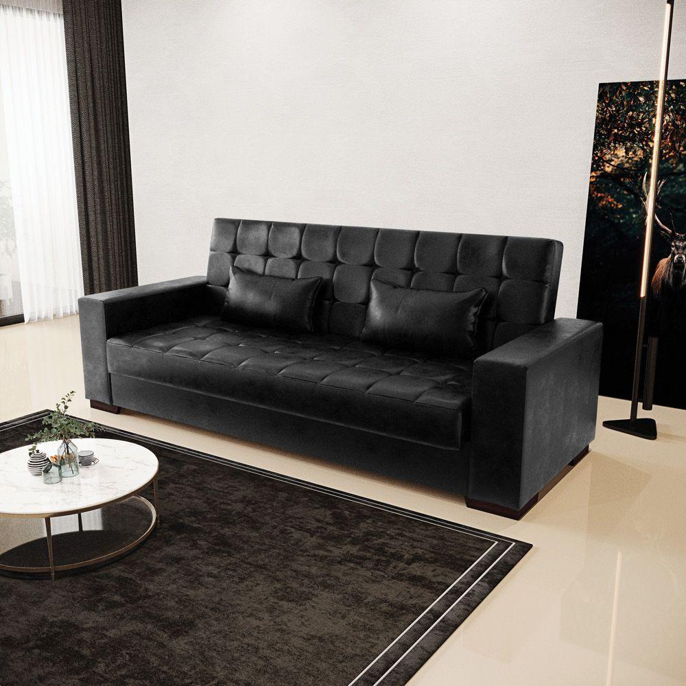 Sofá Cama 02 Lugares Corano Preto Pés De Madeira - 8