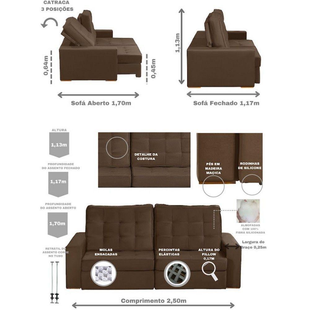 Sofá Modular 5 Lugares 2.50M Retrátil E Reclinável Marrom - 9