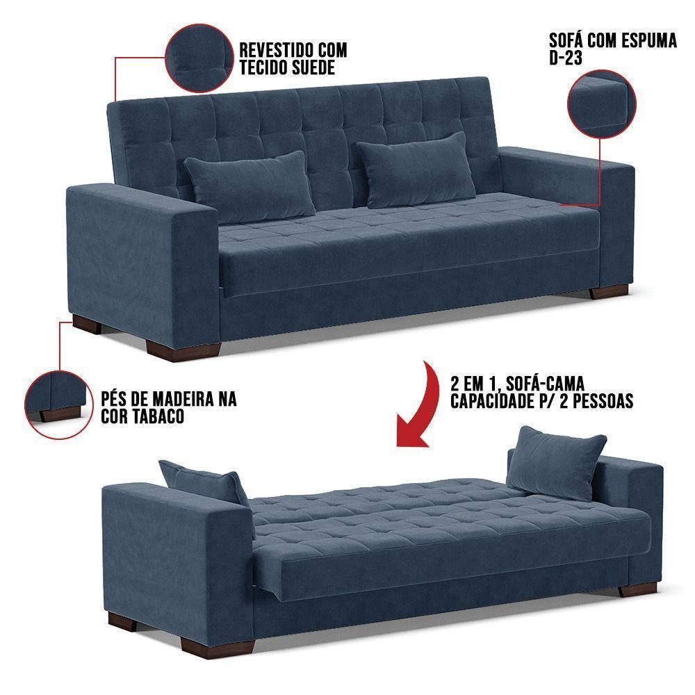 Sofá Cama 2 Lugares Para Sala De Estar Suede Azul Marinho - 2