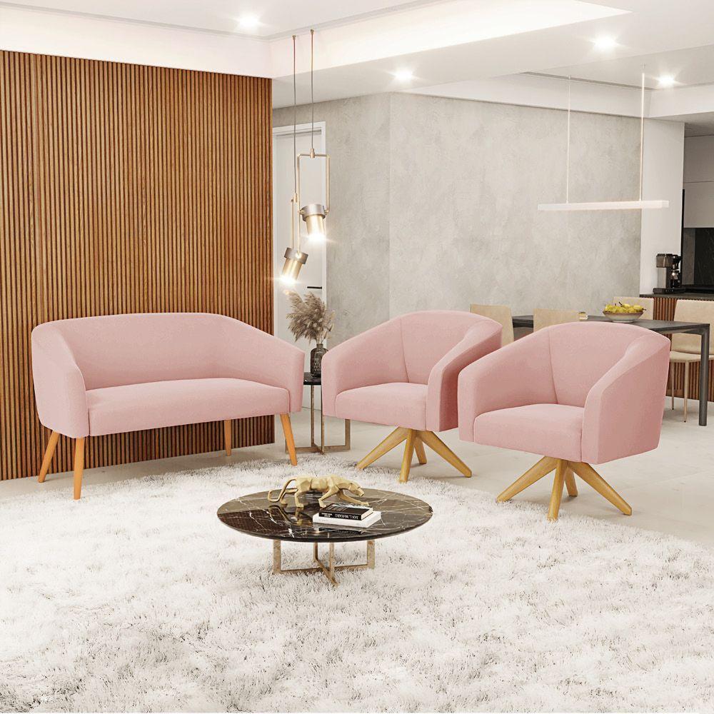 Kit 1 Namoradeira E 2 Poltronas Giratória Base Madeira Rose - 8