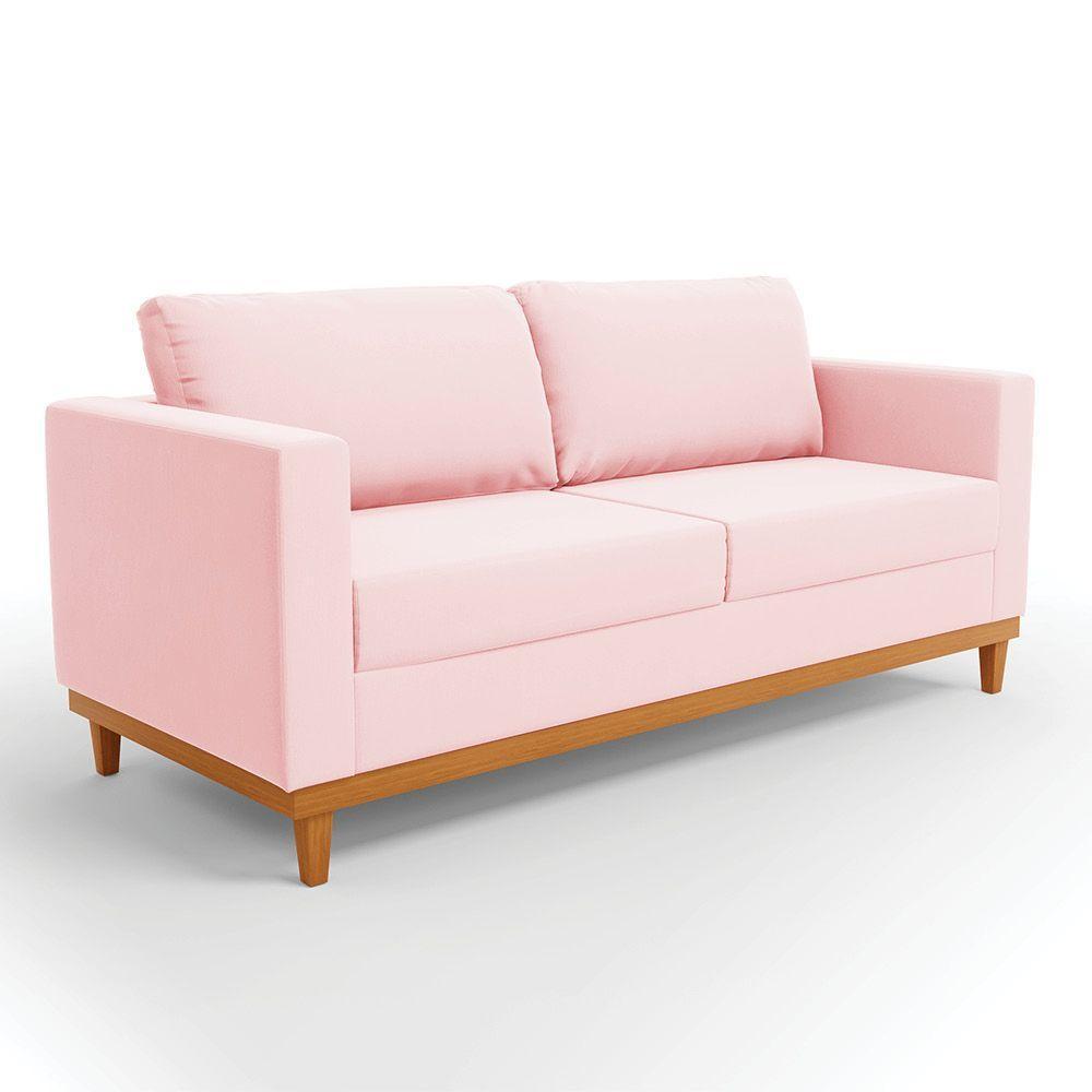 Sofá 03 Lugares Juliette Rosa Bebê Base Madeira Castanho - 1
