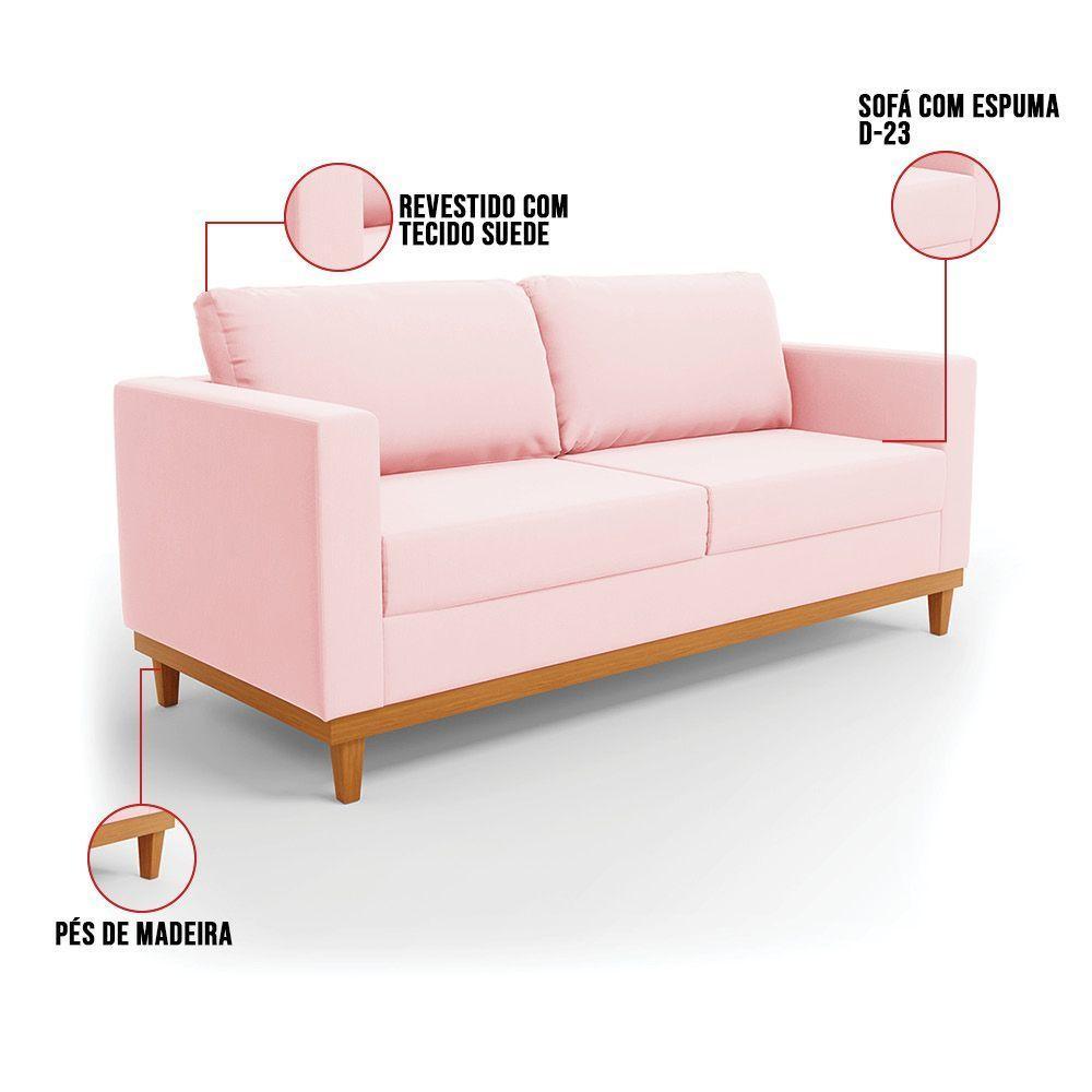 Sofá 03 Lugares Juliette Rosa Bebê Base Madeira Castanho - 4
