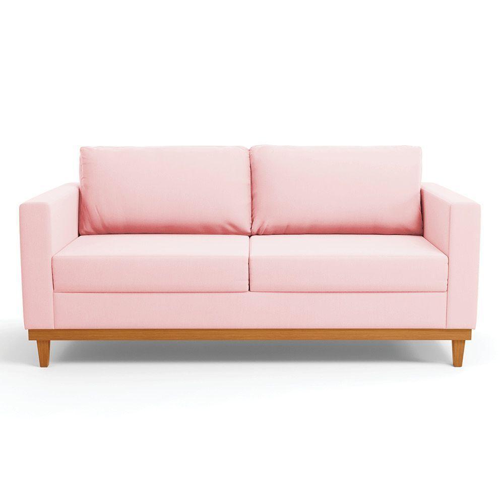 Sofá 03 Lugares Juliette Rosa Bebê Base Madeira Castanho - 7