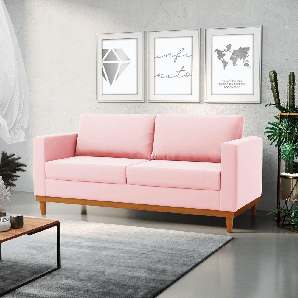Sofá 03 Lugares Juliette Rosa Bebê Base Madeira Castanho - 8