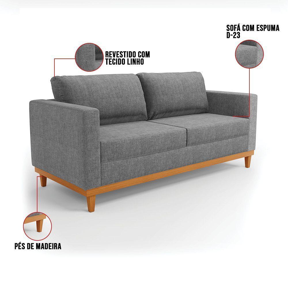 Sofá 03 Lugares Linho Grafite A26 Base Madeira Castanho - 4