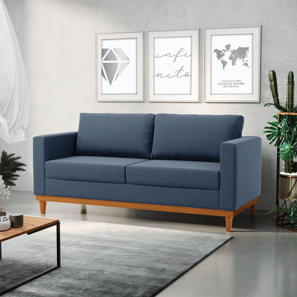 Sofá 03 Lugares Juliette Azul Marinho Base Madeira Castanho - 8