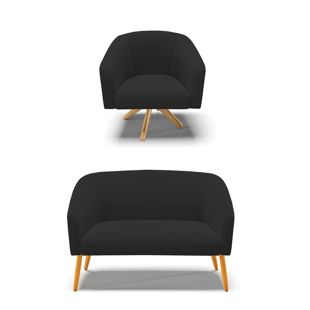 Kit 1 Namoradeira E 1 Poltrona Giratória Base Madeira Preto - 1