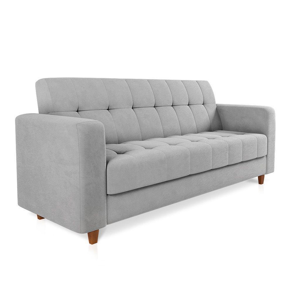 Sofá 03 Lugares Suede Cinza Pés Chanfrado Castanho - 1