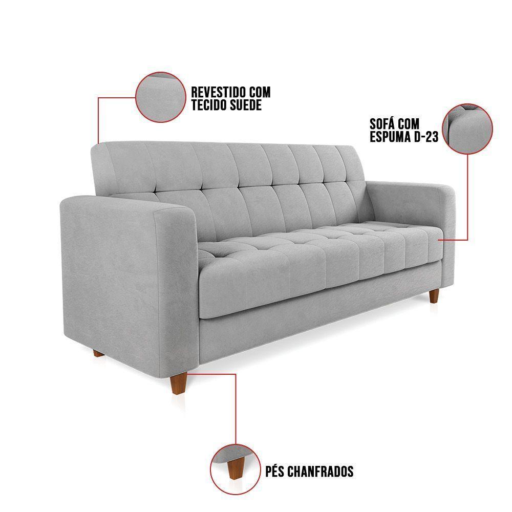 Sofá 03 Lugares Suede Cinza Pés Chanfrado Castanho - 4
