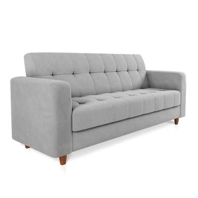 Sofá 03 Lugares Suede Cinza Pés Chanfrado Castanho