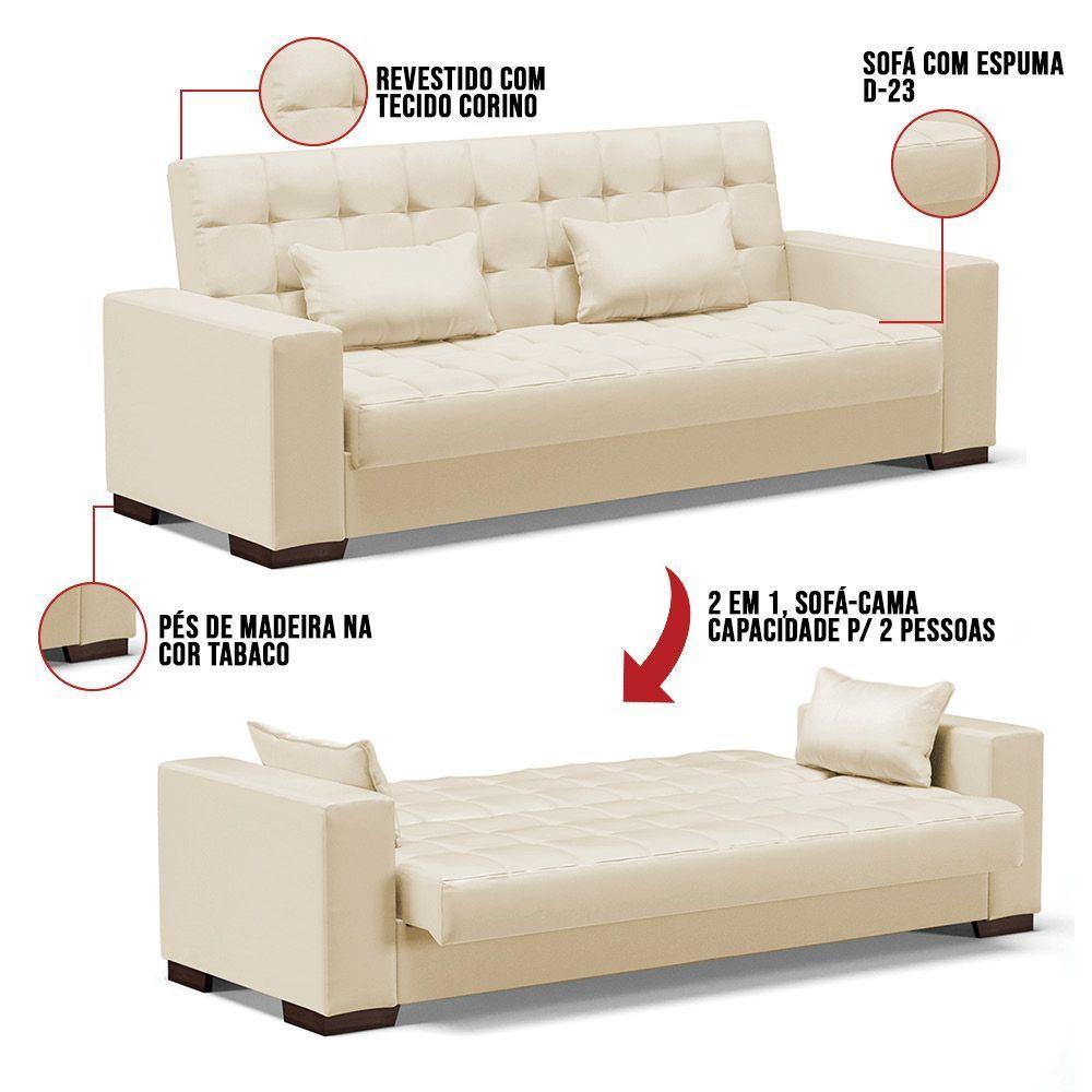 Sofá Cama 02 Lugares Corino Bege De Pés Madeira - 3