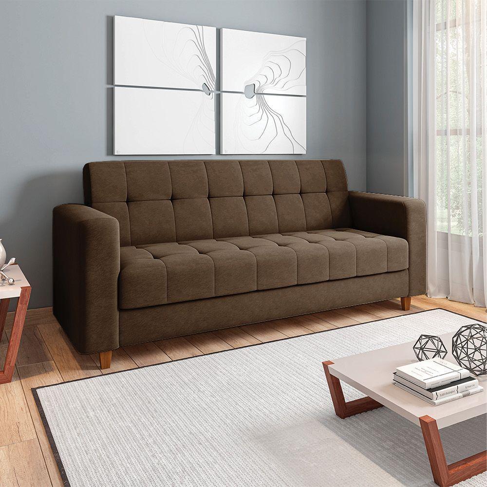 Sofá 03 Lugares Arezzo Suede Marrom Pés Chanfrado Castanho - 8