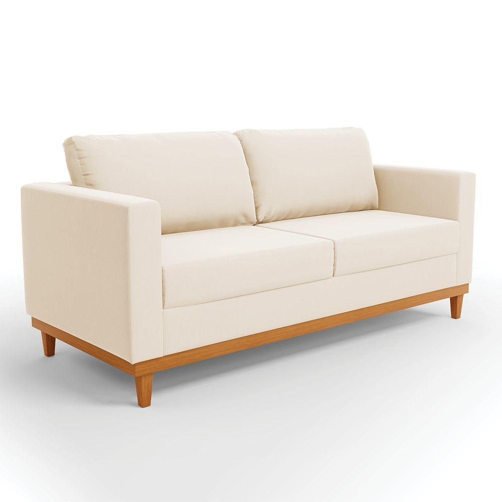 Sofá 03 Lugares Juliette Suede Bege Base Madeira Castanho - 1