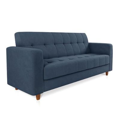 Sofá 03 Lugares Suede Azul Marinho Pés Chanfrado Castanho
