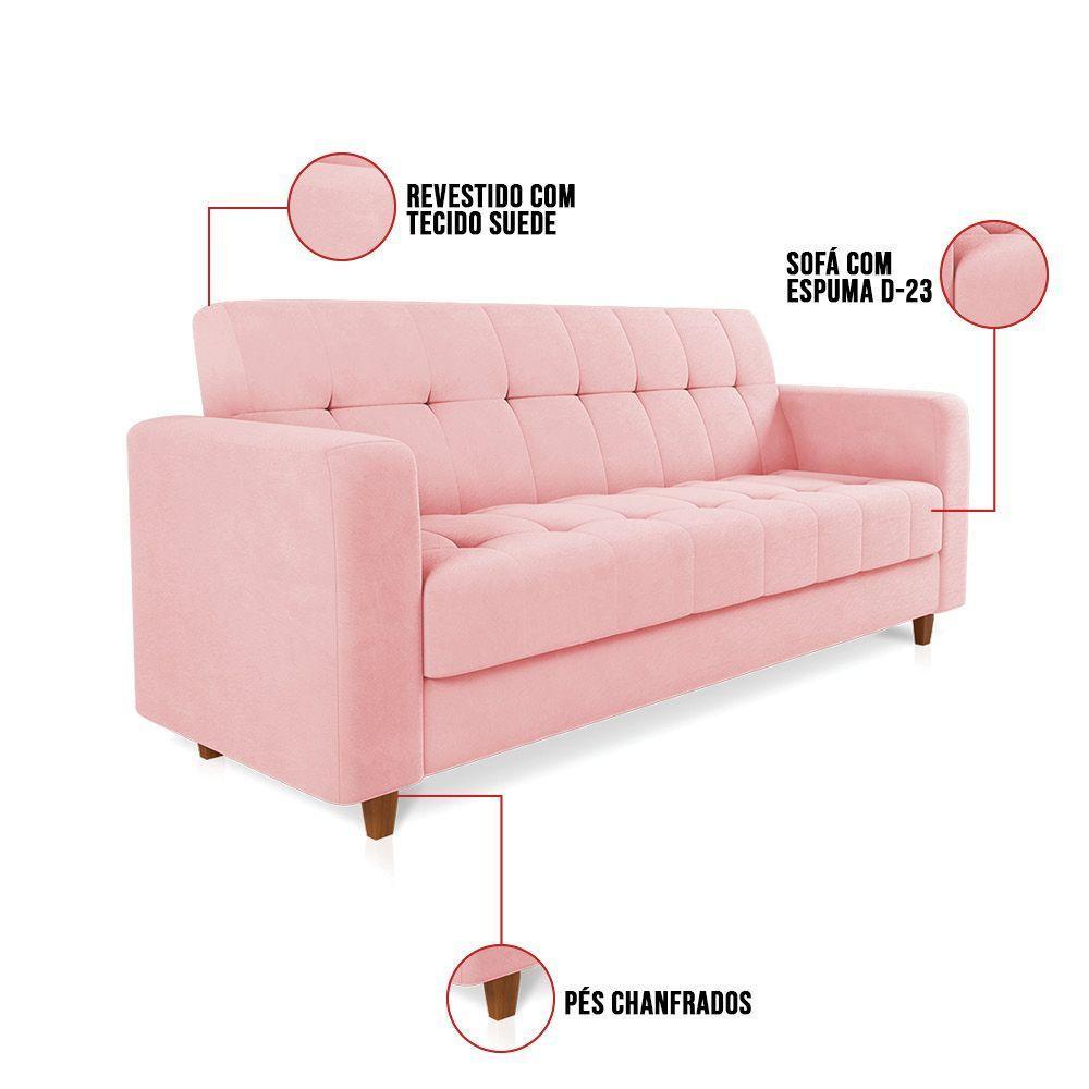 Sofá 03 Lugares Suede Rosa Bebê Pés Chanfrado Castanho - 5