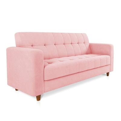 Sofá 03 Lugares Suede Rosa Bebê Pés Chanfrado Castanho