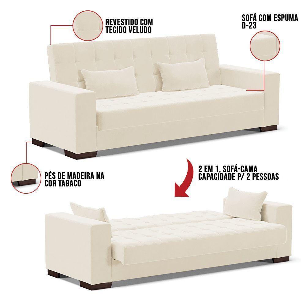 Sofá Cama 02 Lugares Veludo Bege Pés De Madeira - 4