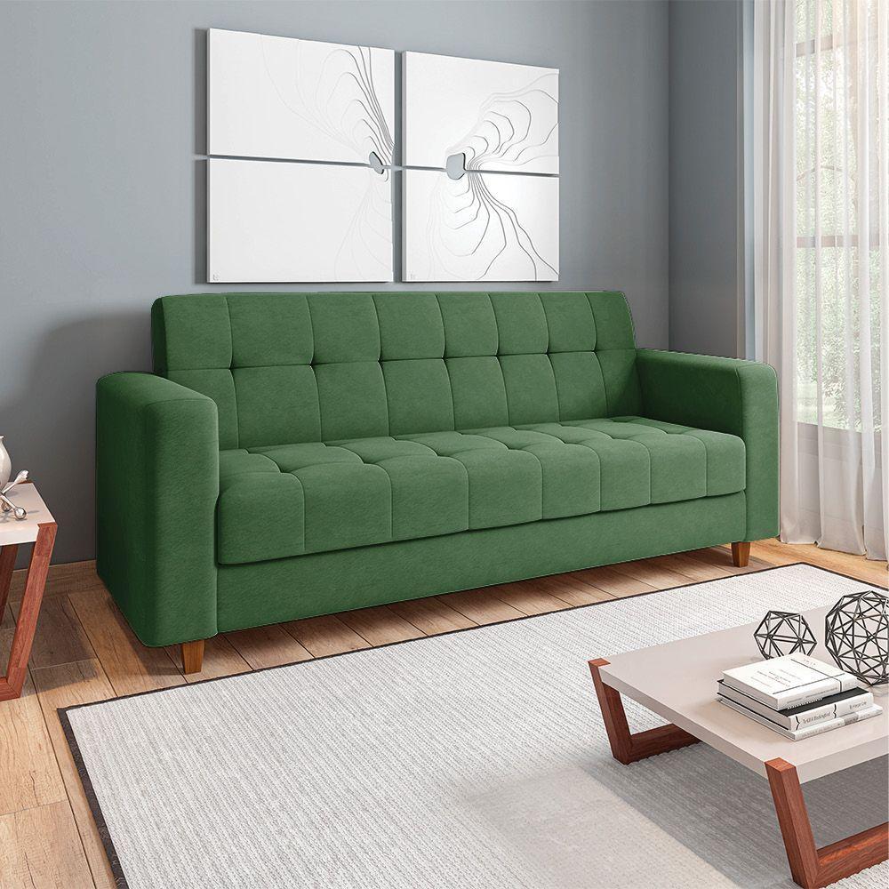 Sofá 03 Lugares Arezzo Suede Verde Pés Chanfrado Castanho - 8
