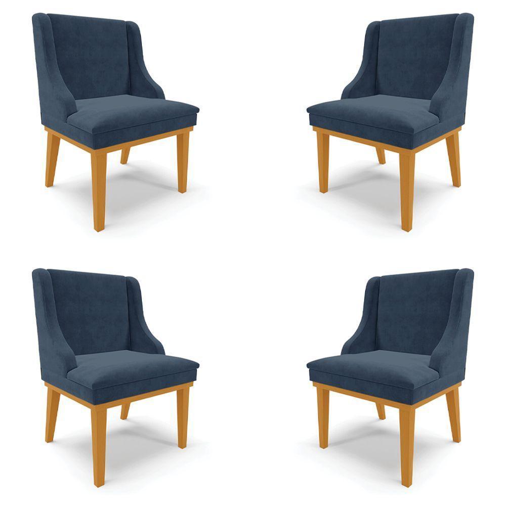 Kit 4 Cadeiras Decorativas Sala De Jantar Base Fixa De Madeira Firenze Suede Azul Marinho/castanho - 1