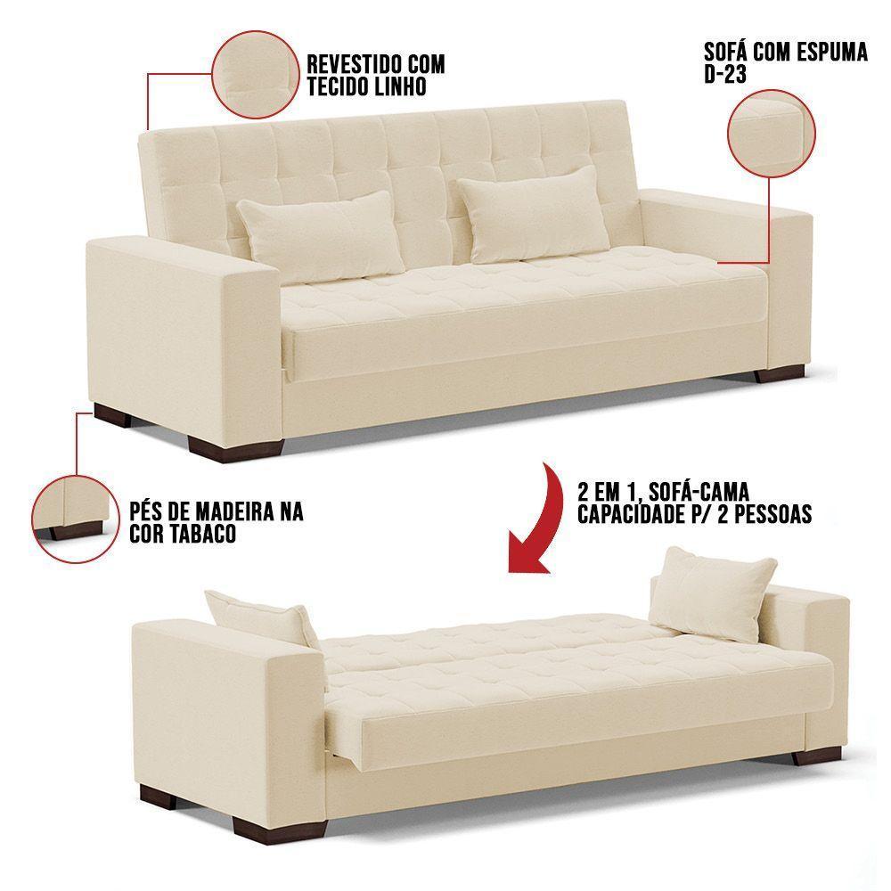Sofá Cama 02 Lugares Linho Bege Pés De Madeira - 5