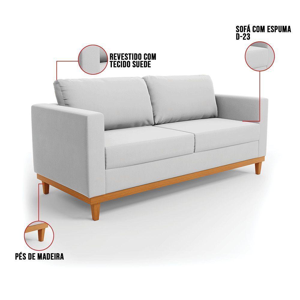 Sofá 03 Lugares Juliette Suede Cinza Base Madeira Castanho - 4