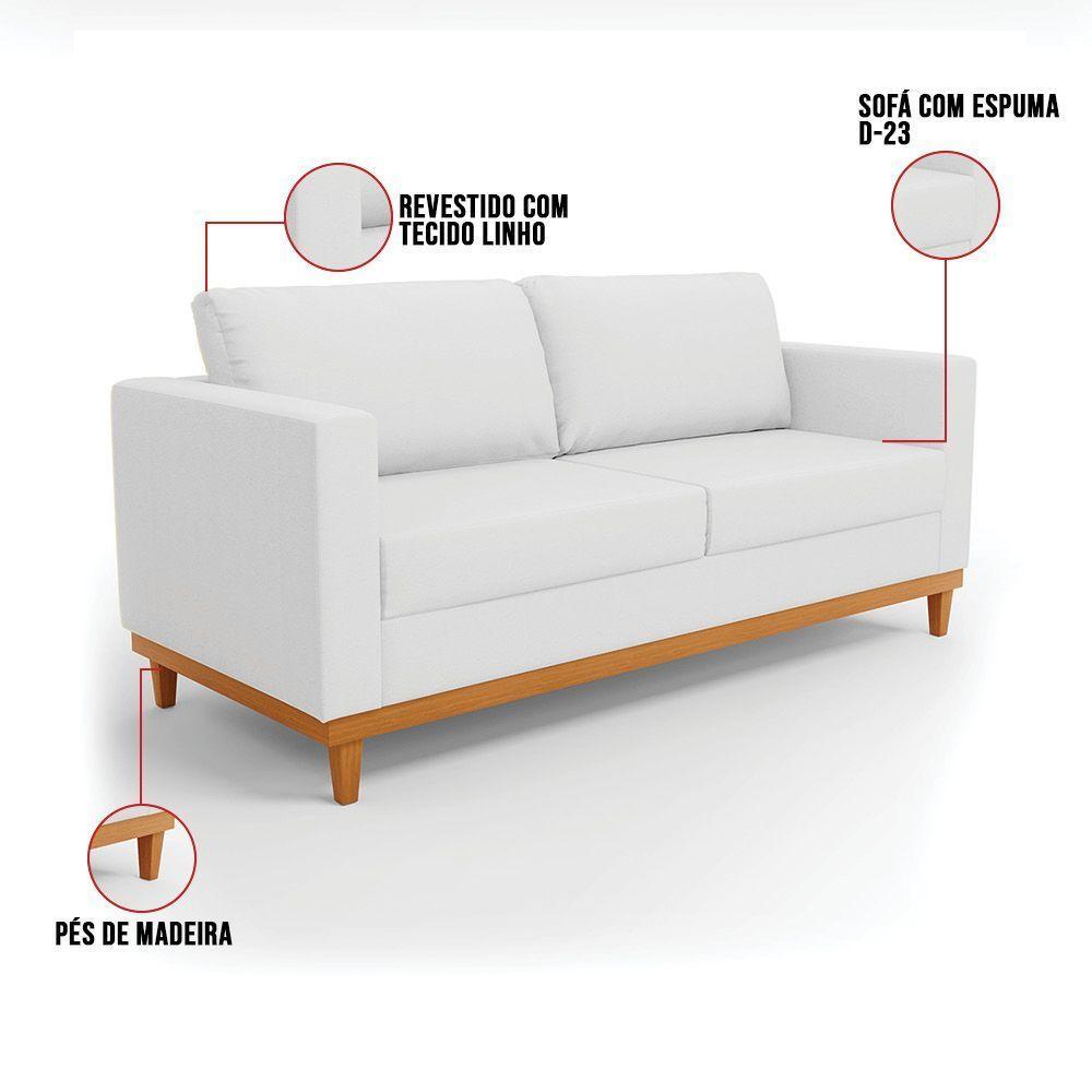 Sofá 03 Lugares Linho Cinza A05 Base Madeira Castanho - 4