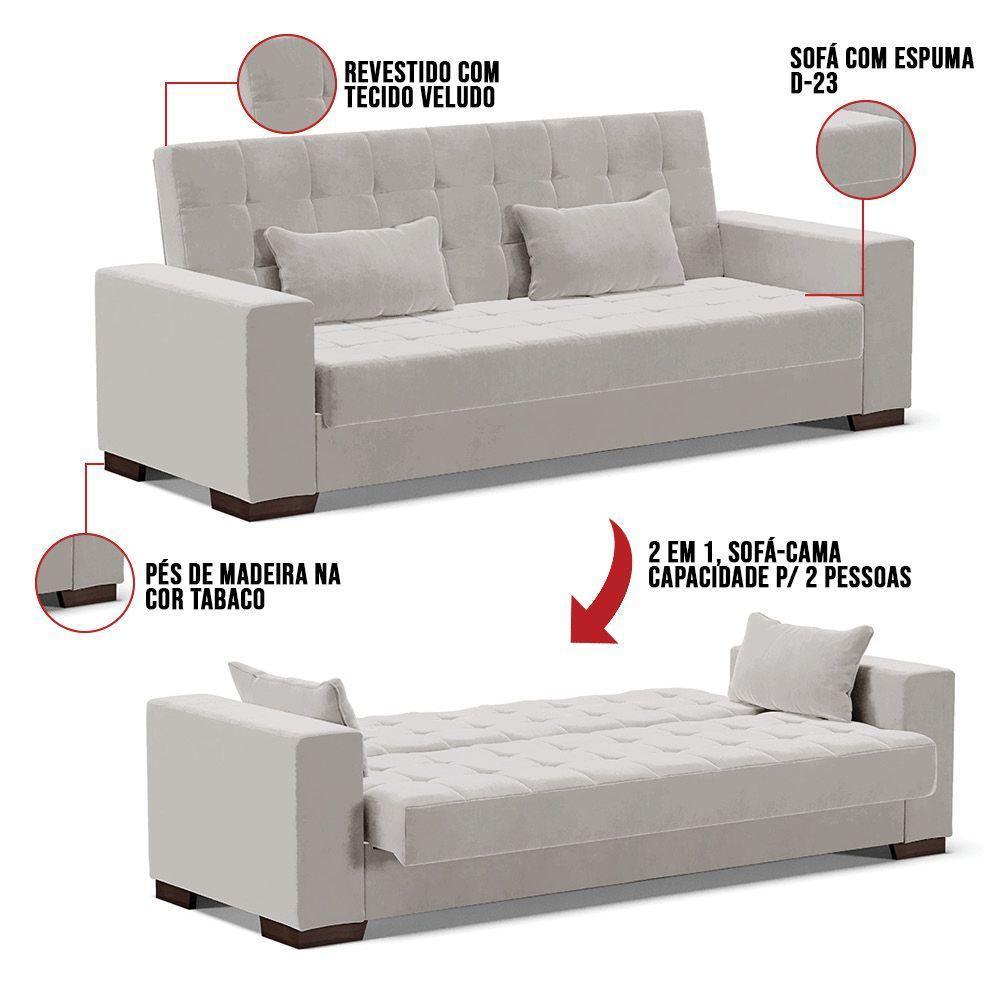 Sofá Cama 02 Lugares Veludo Cinza Pés De Madeira - 4
