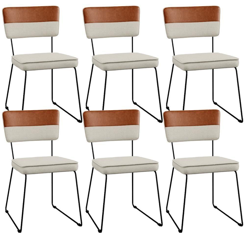 Kit 06 Cadeiras Faixa Couríssimo Camel Linho Champagne - 1